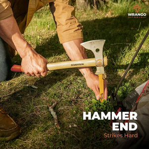 Person using a Wrango axe in a natural setting with 'HAMMER END' text.