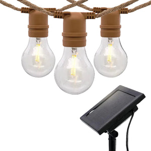 String lights with clear bulbs and brown connectors, featuring a solar panel