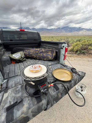 Back of a pickup truck with camping gear and food preparation setup in a desert landscape.