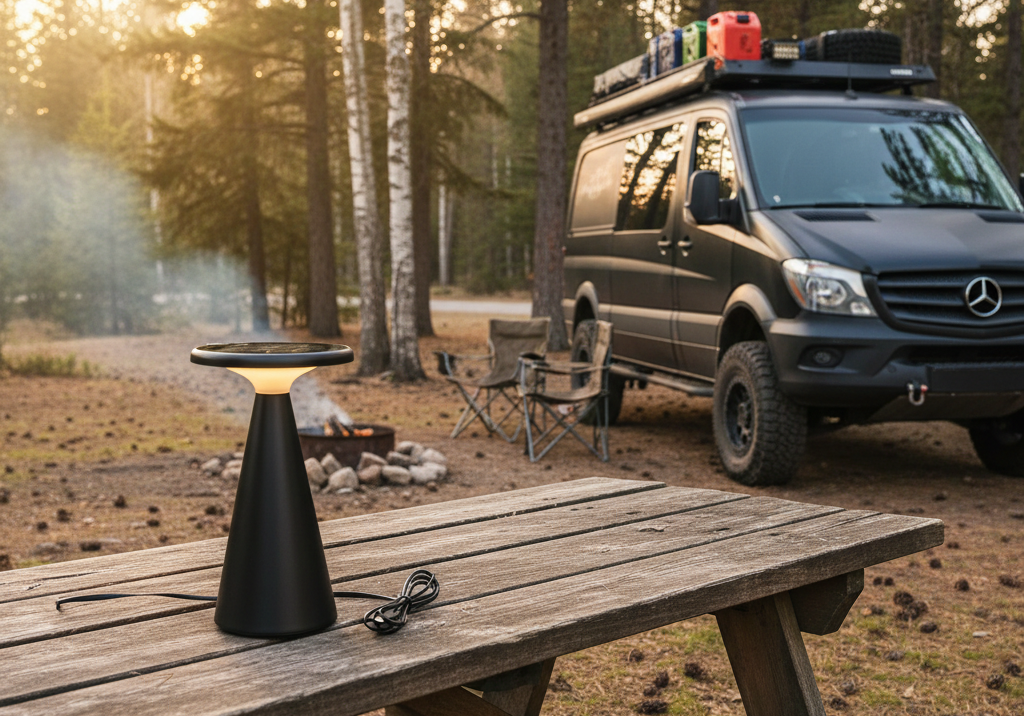 Black outdoor lamp on a wooden table with a Mercedes-Benz van in the background at a campsite.