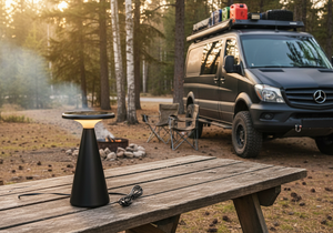 Black outdoor lamp on a wooden table with a Mercedes-Benz van in the background at a campsite.
