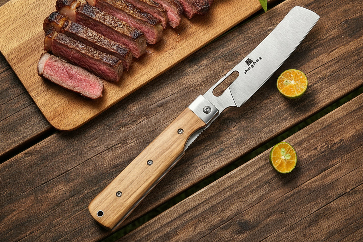 steak on a wooden board with a knife on a wooden surface